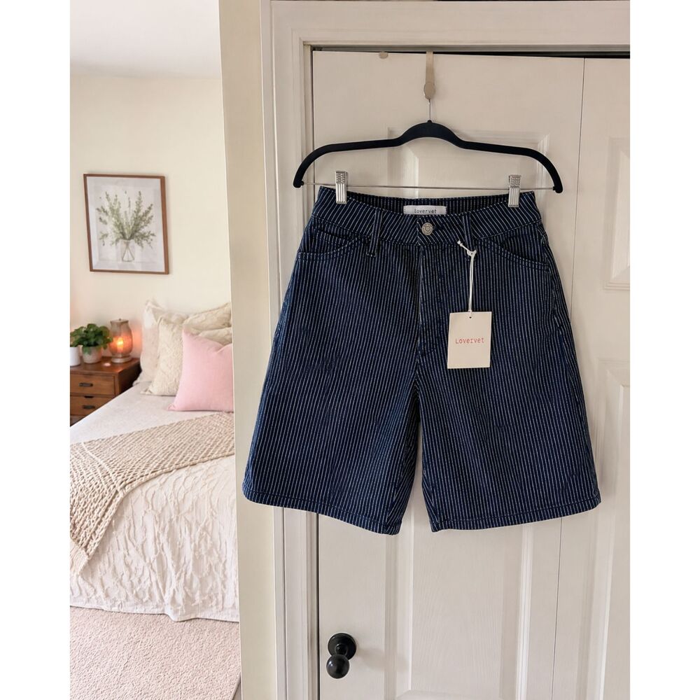 Lovervet Pinstripe Denim Bermuda Shorts Women's 28/7 Navy Blue NWT